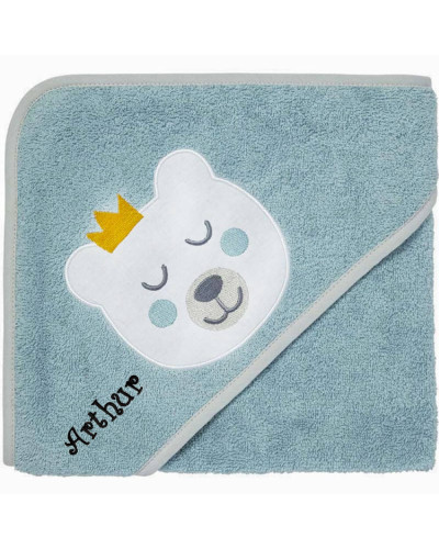 Cape de bain ours bleu et sa couronne personnalisée