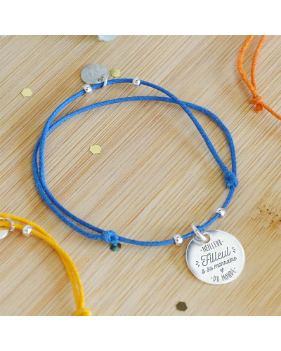Bracelet corde bleu enfant avec médaille argent gravée