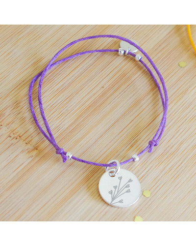 Bracelet corde violet enfant avec médaille argent gravée