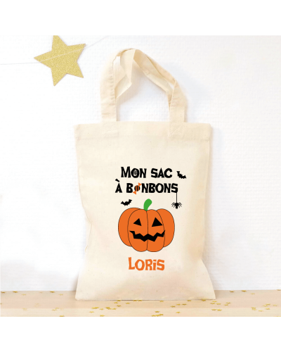 Petit Tote bag "Mon sac à bonbons Citrouille" personnalisé
