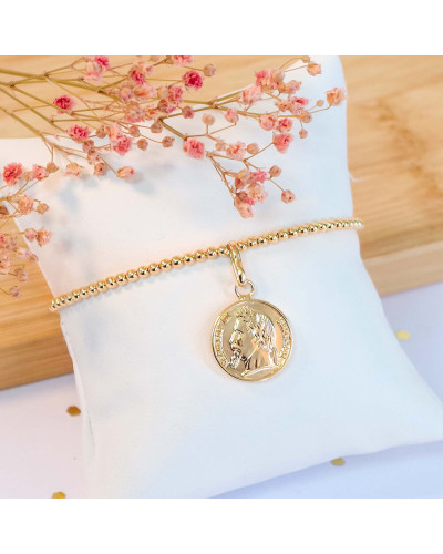 Bracelet perlé avec pièce ancienne gravée plaqué or