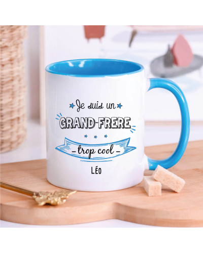 Mug bleu "Je suis un GRAND FRERE trop cool" personnalisé