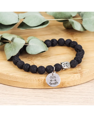Bracelet perles pierre de lave et Bouddha avec médaille gravée