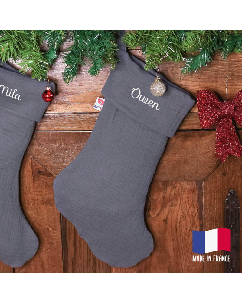 Chaussette de Noël en gaze de coton gris foncé personnalisée