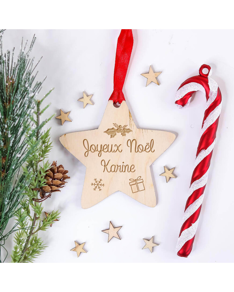 Décoration Sapin Noël - Étoile "Joyeux Noël" avec houx