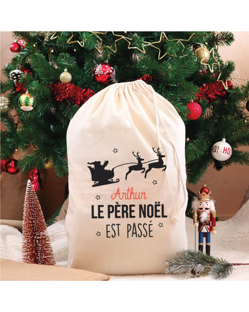 Hotte rouge de Noël personnalisée - Traineau Père Noël - Ourson Câlin