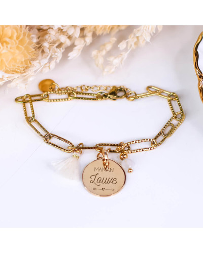 Bracelet grosse maille quartz neige avec médaille plaqué or