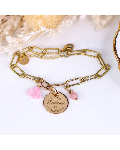 Bracelet grosse maille tourmaline rose avec médaille plaqué or