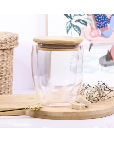 Tasse verre avec couvercle bambou personnalisé - Couronne de fleurs
