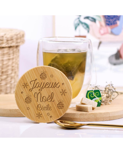 Tasse verre avec couvercle bambou personnalisé - Joyeux Noël