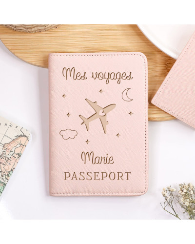 Porte passeport rose personnalisé - Mes voyages