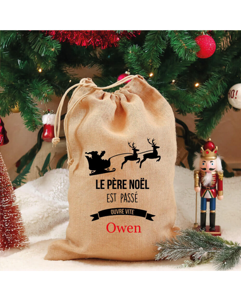Hotte rouge de Noël personnalisée - Traineau Père Noël - Ourson Câlin