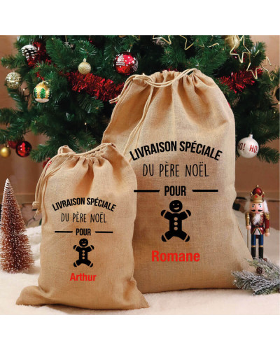 Emballage cadeaux Noël en jute personnalisé - Bonhomme en pain d'épices