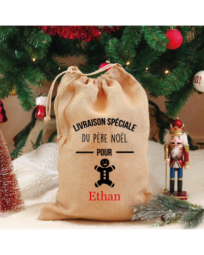 Emballage cadeaux Noël en jute personnalisé - Bonhomme en pain d'épices