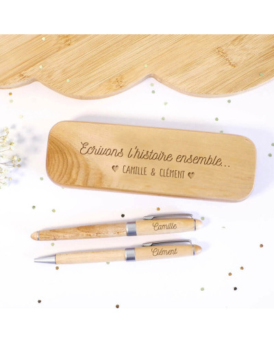 Coffret en bois personnalisé avec 2 stylos gravés - Ecrivons l'histoire ensemble