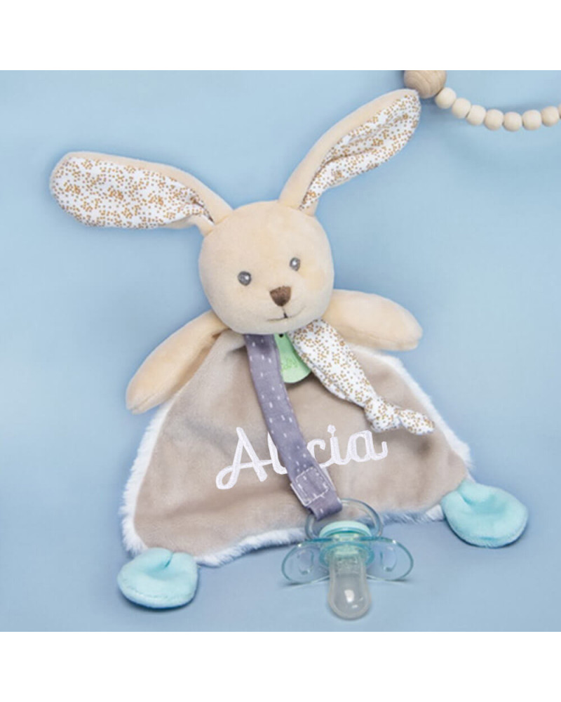 Doudou personnalisé prénom fille lapin bébé avec attache tétine