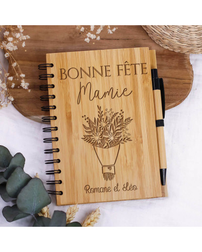 Carnet bambou personnalisé et stylo - Bonne fête (Mamie-Maman-Nounou)