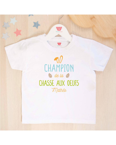 Tee shirt Pâques enfant personnalisé - Champion de la chasse aux oeufs