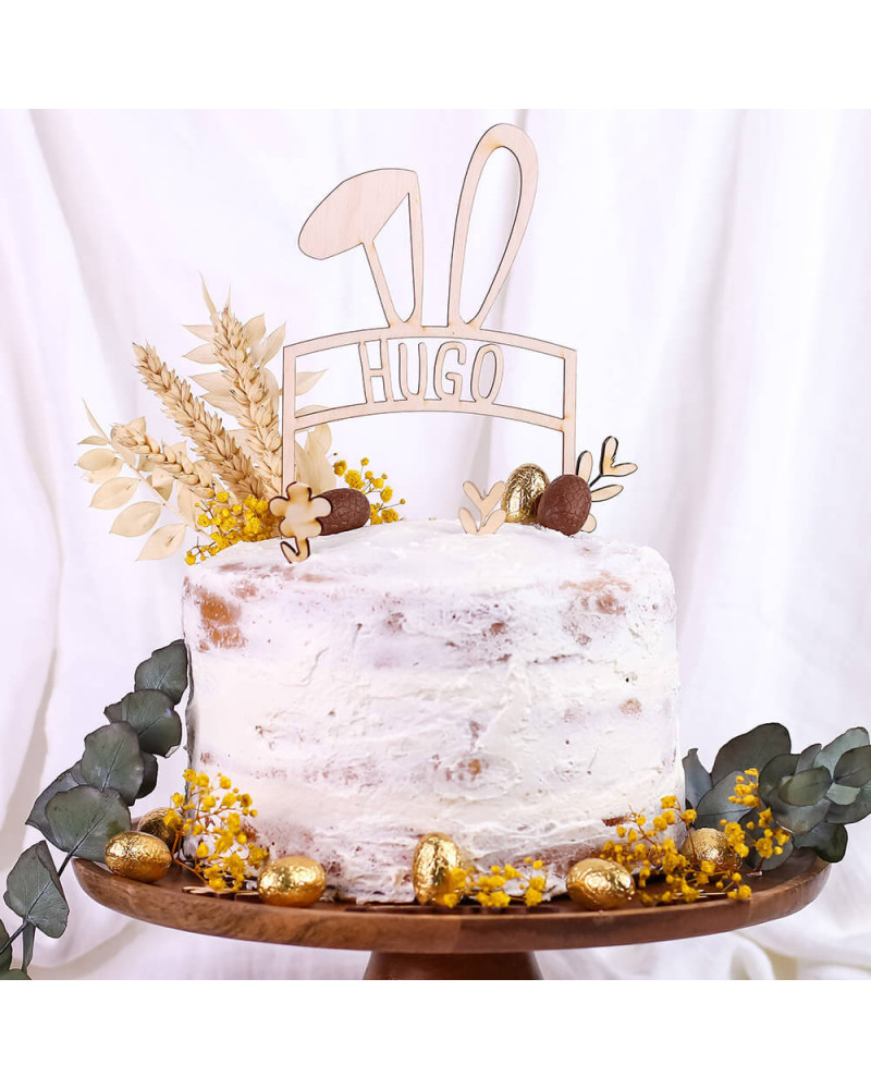 Cake topper Pâques en bois personnalisé - oreilles de lapin - Ourson Câlin