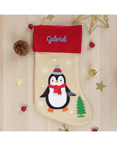 Chaussette de Noël aspect lin personnalisée - Pingouin rouge