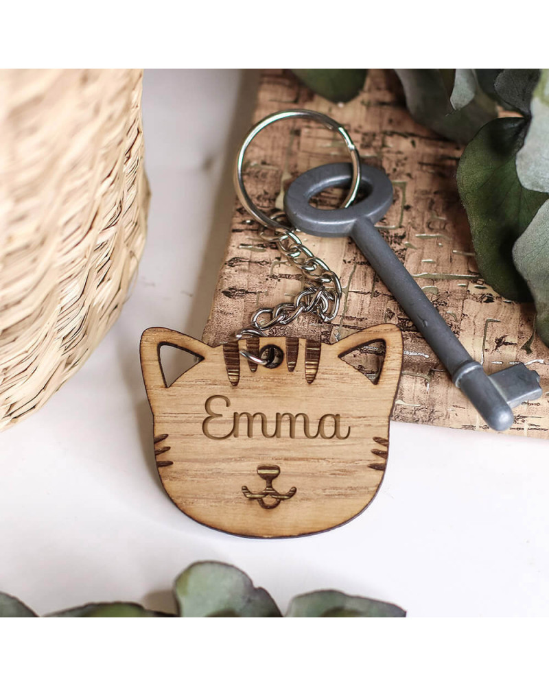 Porte-clés tête de chat en bois personnalisé avec prénom - Ourson