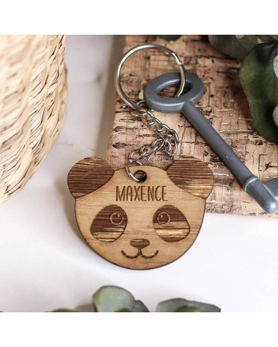 Porte-clés tête de panda en bois personnalisé avec prénom