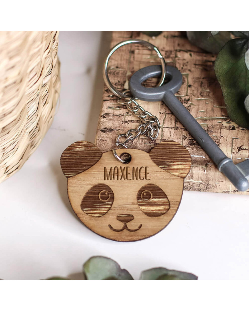 Porte-clés tête de panda en bois personnalisé avec prénom - Ourson