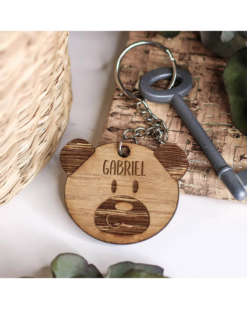 Porte-clés tête d'ourson en bois personnalisé avec prénom - Ourson