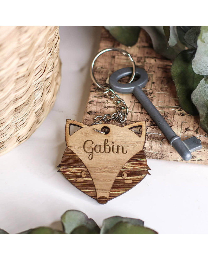 Porte-clés tête d'ourson en bois personnalisé avec prénom - Ourson Câlin