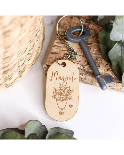 Porte-clés ovale en bois personnalisé - Bouquet d'amour