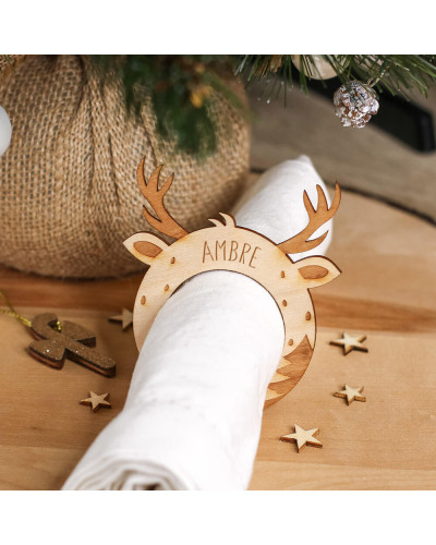 Rond de serviette Noël en bois personnalisé - Tête de renne