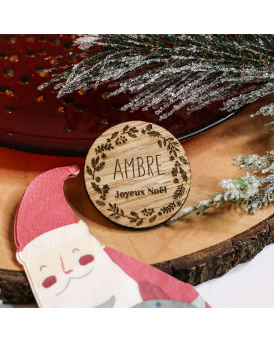 Marque-place Noël en bois personnalisé - Couronne de Noël