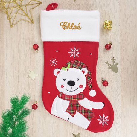 Chaussette de Noël rouge personnalisée - Ours blanc écossais